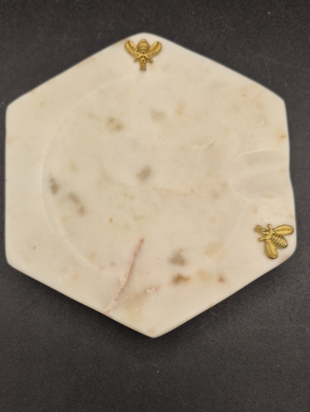 Hexagon White And Rose Marble Spoon Rest with Gold Bee Accents